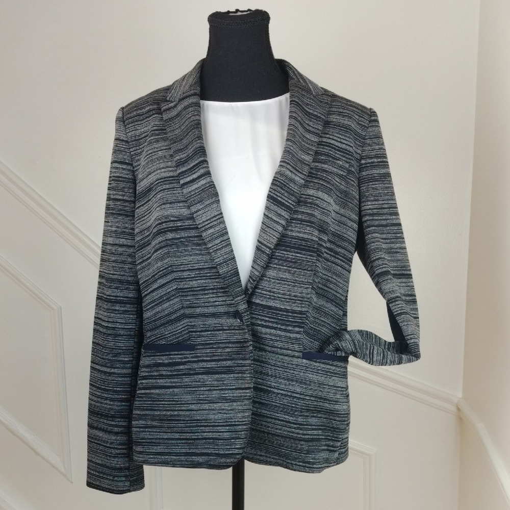 Tommy Hilfiger Textured Stripe Elbow Patch Blazer Womens 10 Grey Black Knit